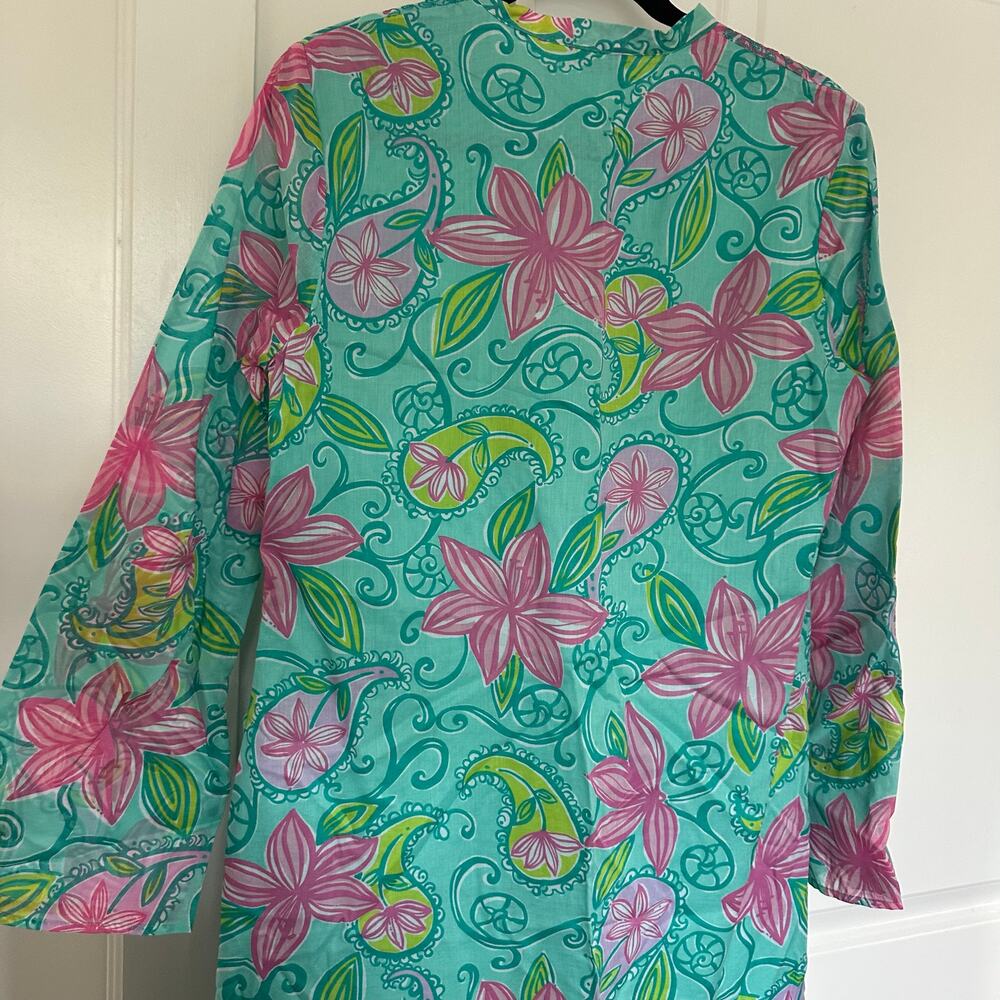 Vintage Lilly Pulitzer (M) Teal Kaftan Maxi Dress / Resortcore Coverup Preppy - Picture 5 of 10
